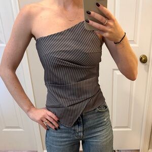 PrettyLittleThing Gray Pinstripe Strapless Asymmetrical Top